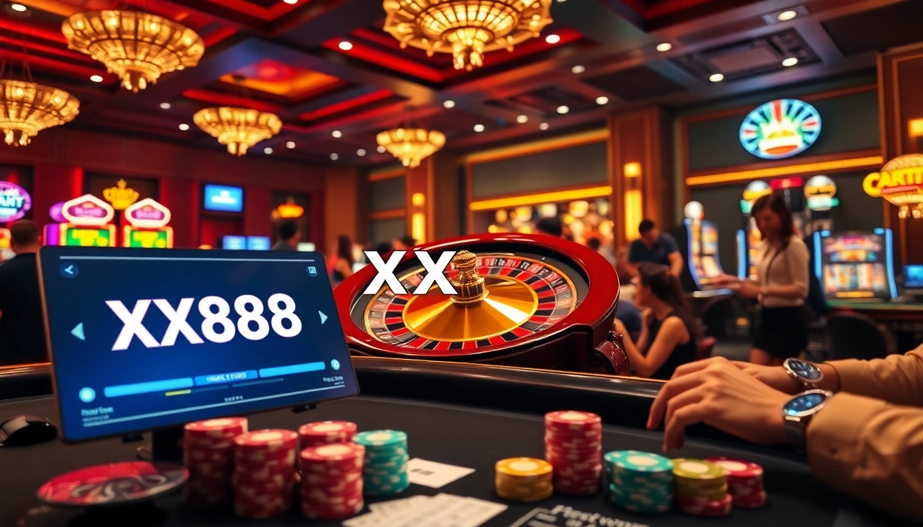 Players enjoying high-stakes games at XX88's vibrant casino, featuring roulette, poker, and slots.