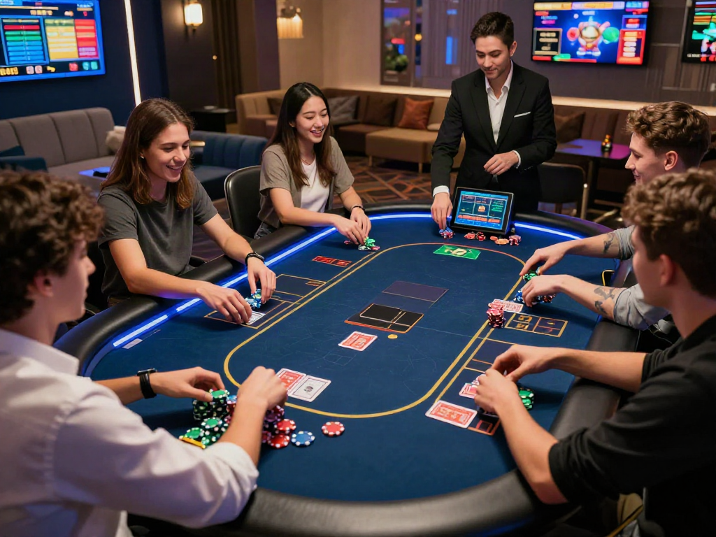 Exciting online gaming scene with friends engaged at a gambling table showcasing ORION88 experience.