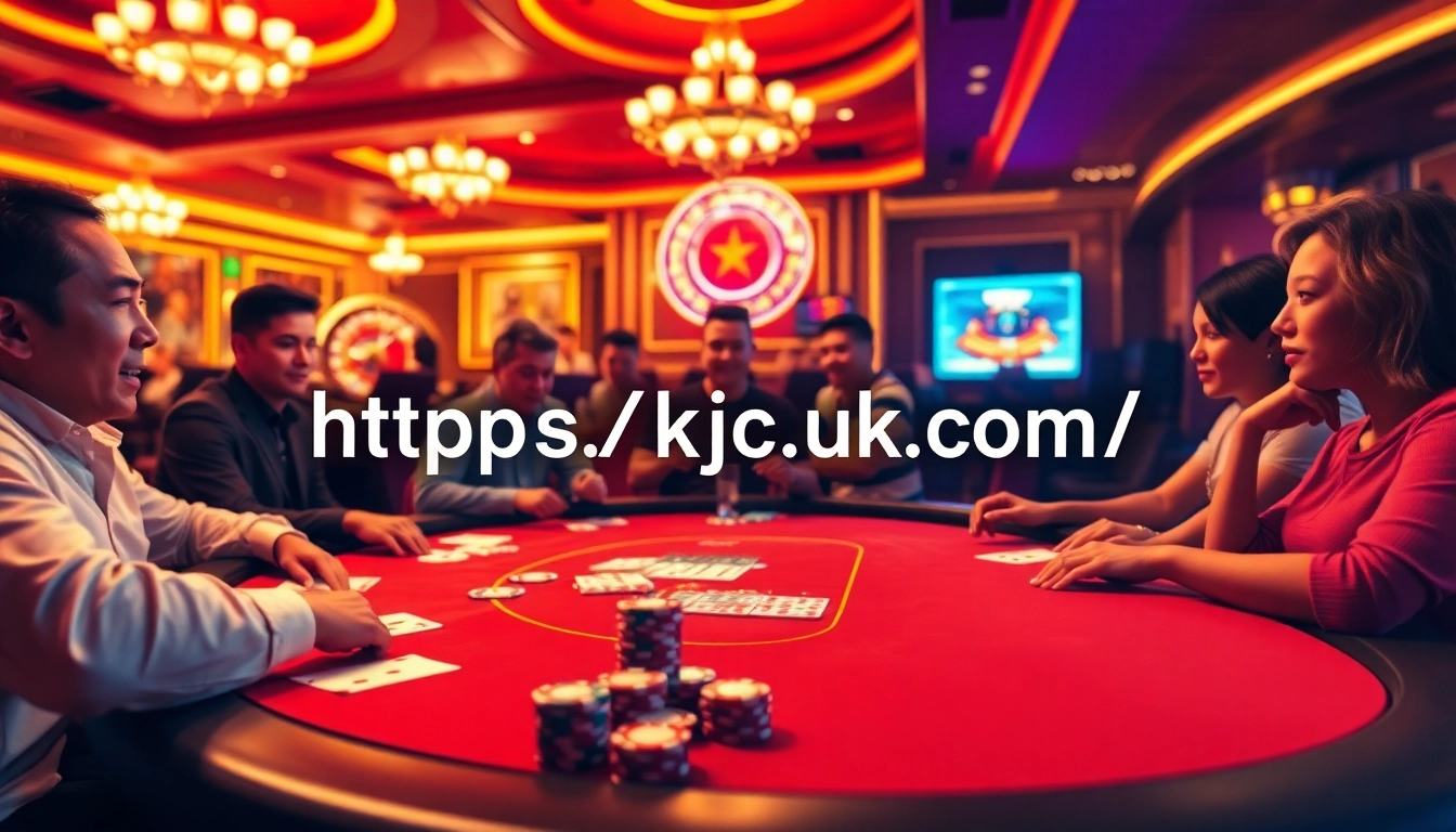 Players at a bustling poker table, showcasing excitement and strategy at https://kjc.uk.com/ in a luxurious casino setting.