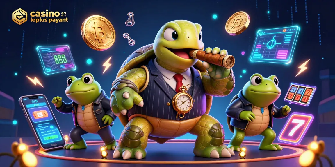 Illustration vibrante du casino en ligne le plus payant avec une tortue et des grenouilles, ambiance riche.