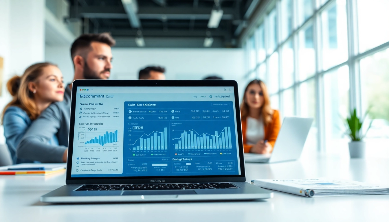 Analyze sales tax solutions for ecommerce through a professional business setting featuring diverse entrepreneurs.