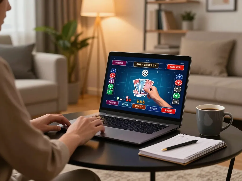 Engaging in live dealer games on EE88 in a cozy home setup featuring a person using a laptop for online gaming.