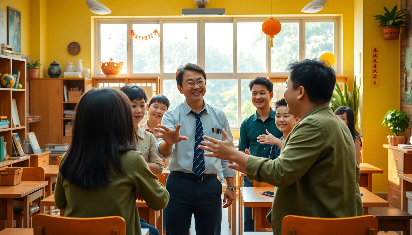Teach English in Taiwan teacher interacting with students in a colorful classroom.
