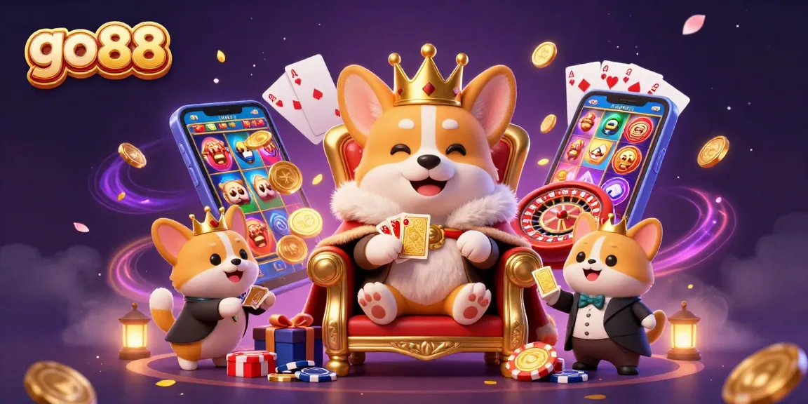 Win major rewards at go 88 with a celebratory illustration of royal corgis in a vibrant casino setting.