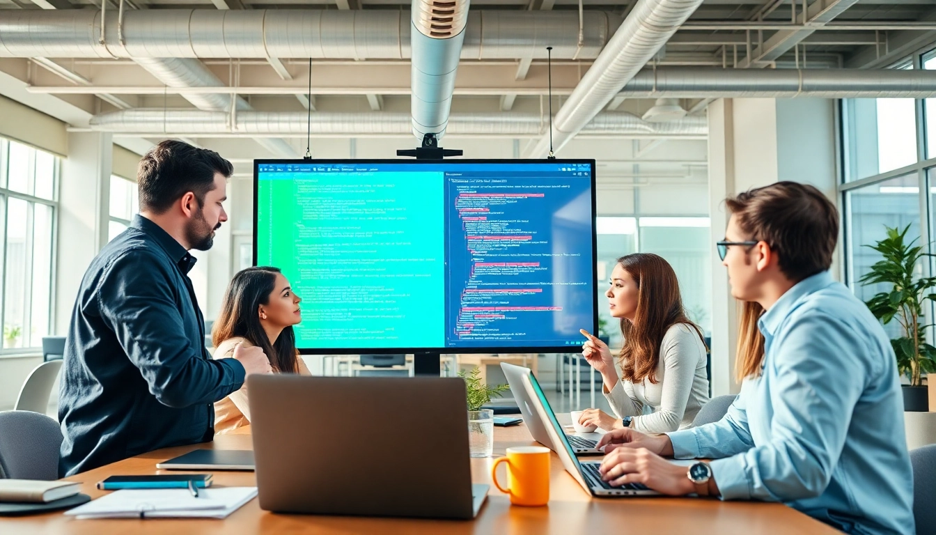 Creative team at a web development company collaborating on coding and design projects.