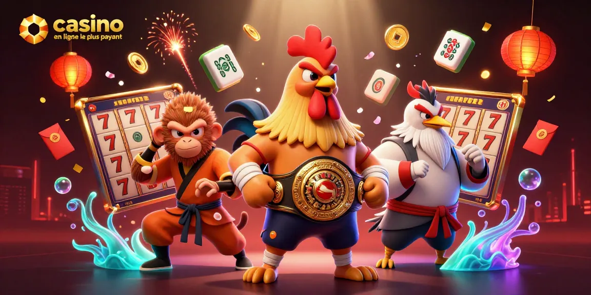 Illustration dynamique du casino en ligne le plus payant avec un coq Muay Thai, un singe Shaolin et une grue, entourés de jetons et de lanternes.