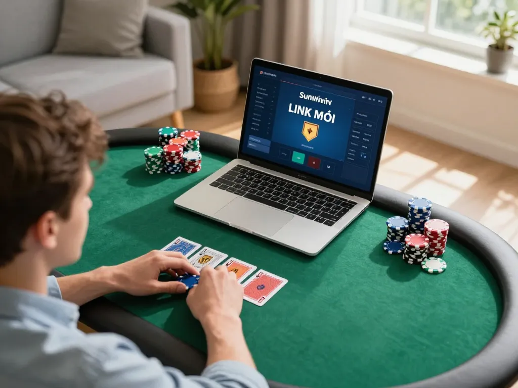 Engaging in an online poker game at home using Sunwin LINK MỚI on a laptop with colorful chips and cards visible.