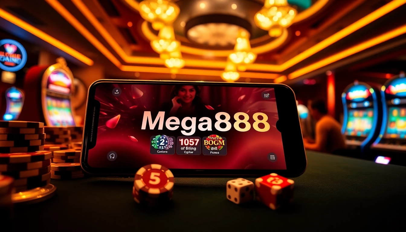 Experience gambling excitement with the Mega888 app showcased on a smartphone amidst casino elements.