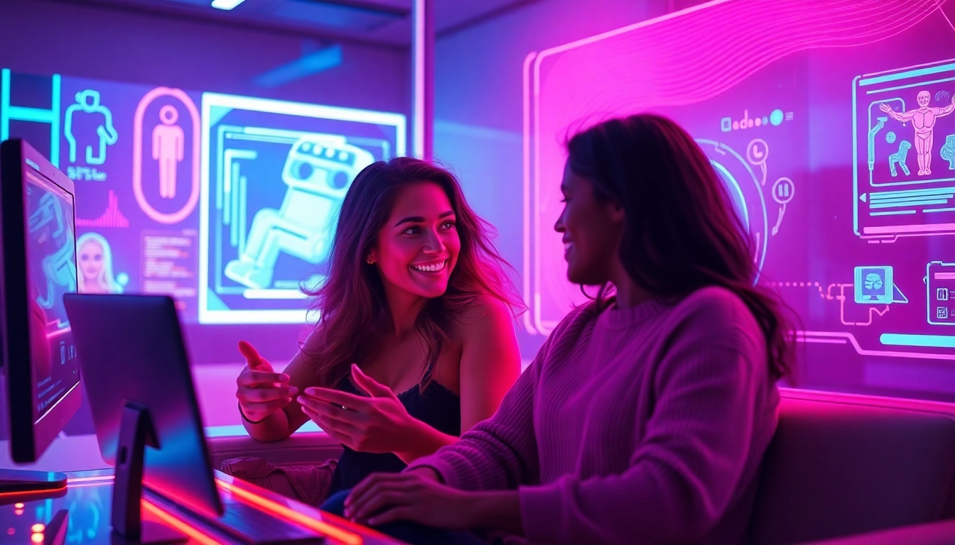 Engaging AI sex chat scene showcasing futuristic chat room with diverse couples.