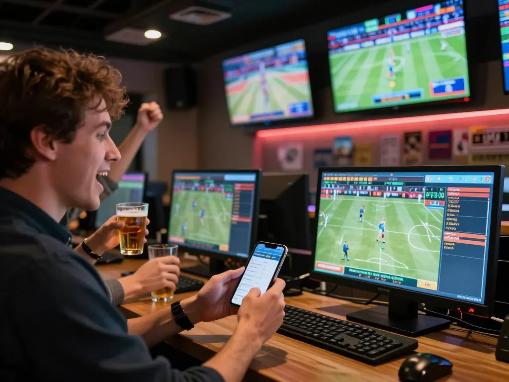 Exciting mobile betting experience at NHÀ CÁI DABET in a lively sports bar atmosphere