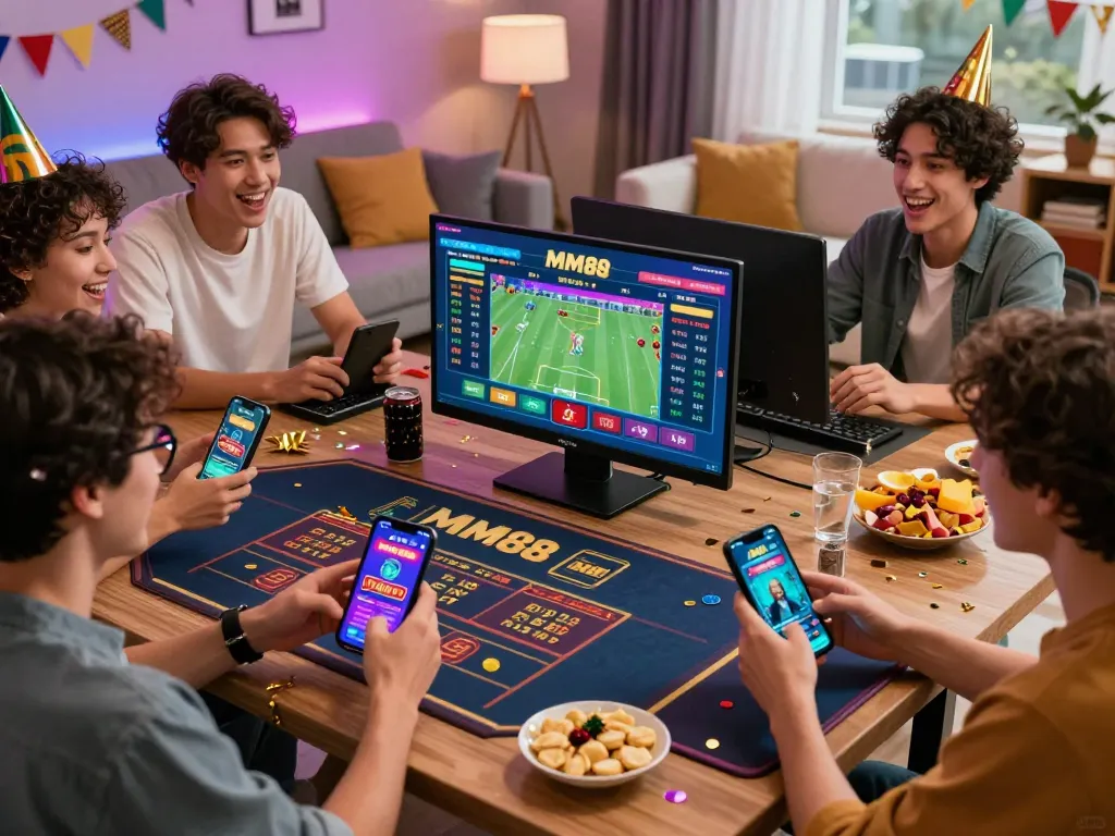 Friends celebrating while playing MM88 online casino games together, showcasing interactive betting and live sports.