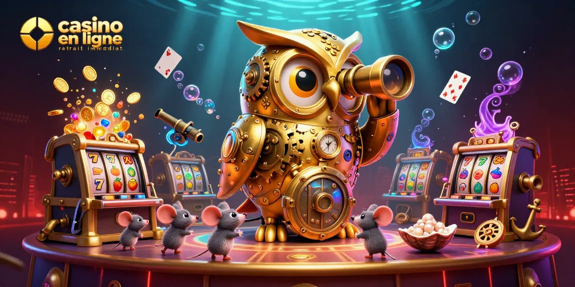 Découvrez le casino en ligne retrait immédiat avec un hibou doré à l'horlogerie et des souris joueurs entourés de trésors.