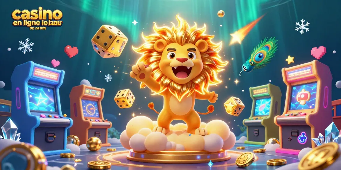 Visualisez le casino en ligne le plus payant avec un lion ensoleillé et des dés dorés, illustrant le divertissement.
