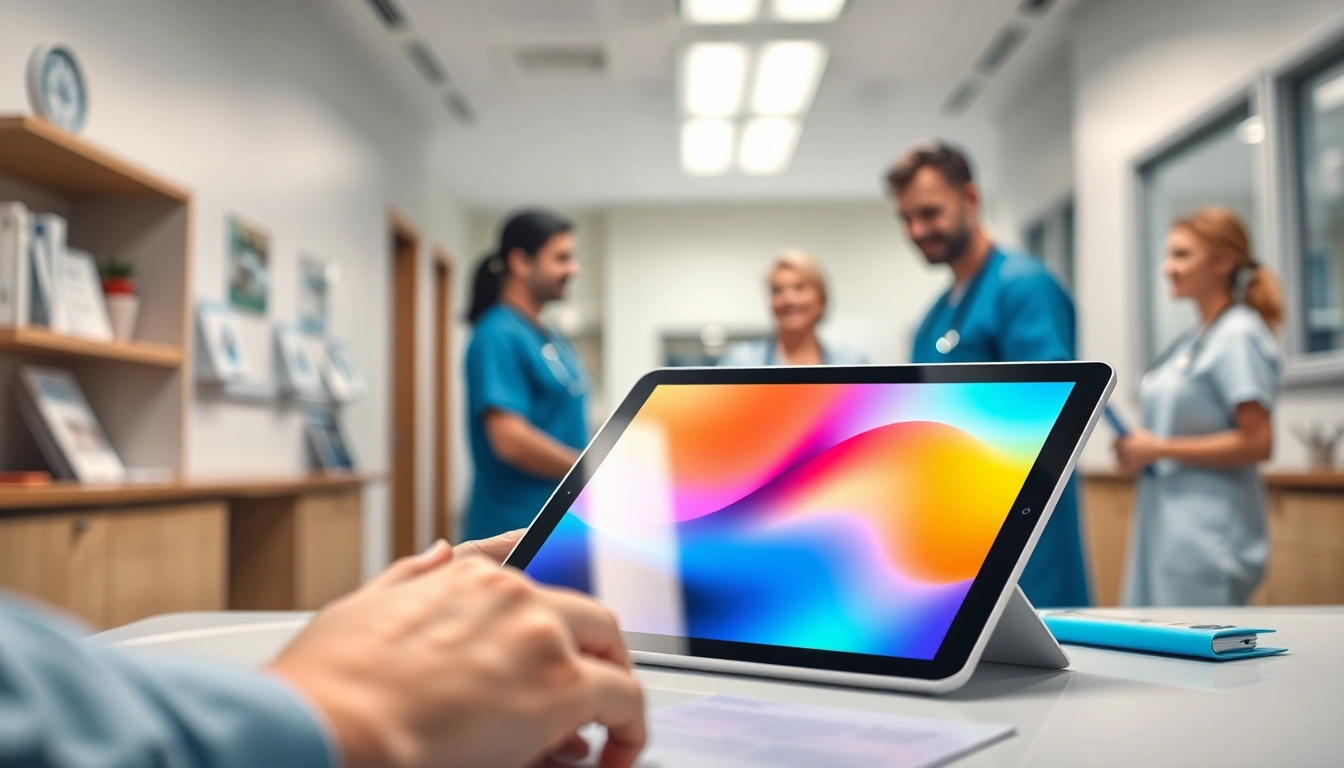 YourGP app interface on a tablet in a modern healthcare setting showing patient-friendly features.