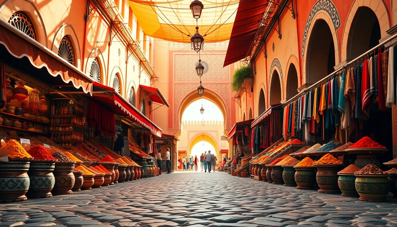 Engaging scene of morocco travel with bustling market filled with colorful spices and textiles.