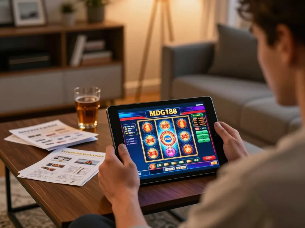 Enjoying a lively session at mdg188 login online casino in a cozy home setting.