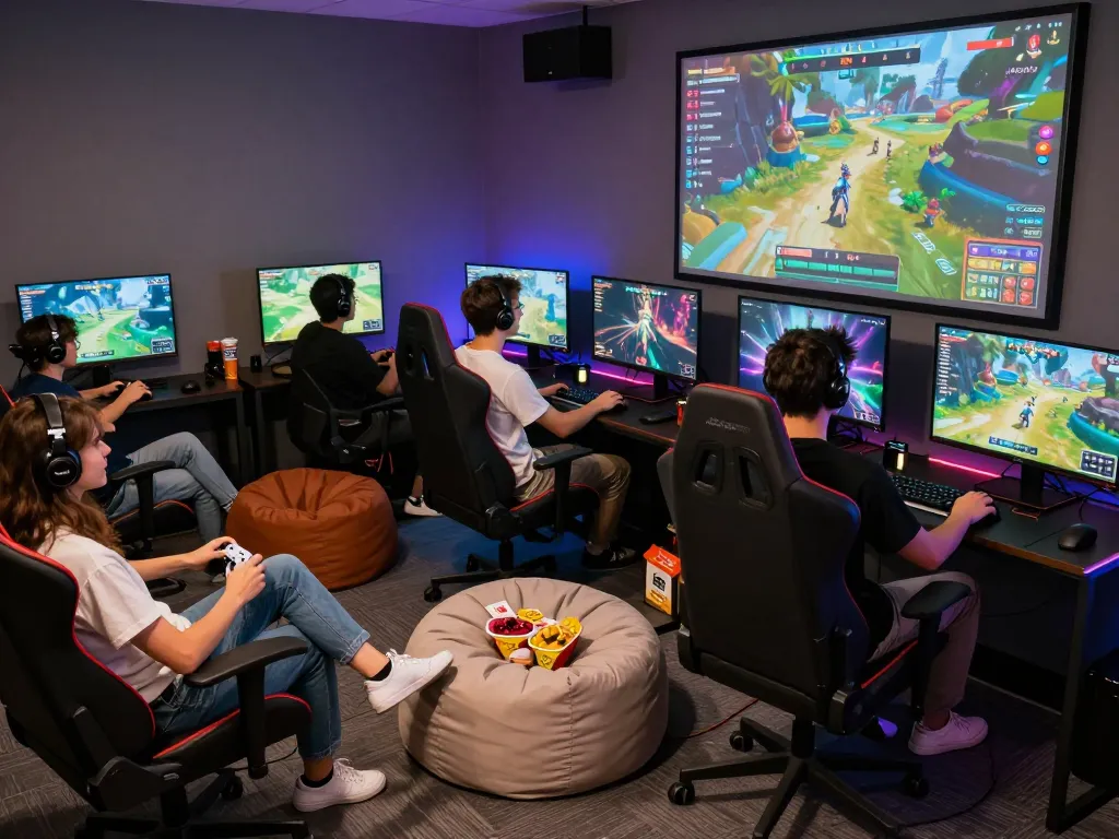 Diverse friends gaming together at ligasedayu.com, showcasing multiplayer excitement in a vibrant, engaging environment.