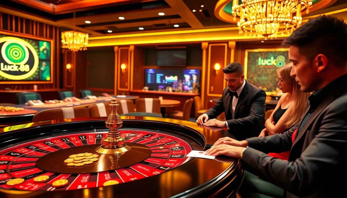 Exciting gaming at Luck8 casino with players at a roulette table.