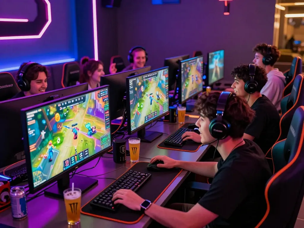 Friends enjoying multiplayer games in vibrant neon setting at mantra88.