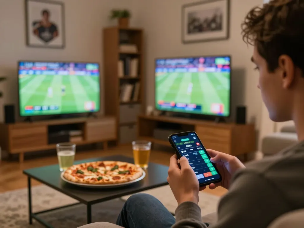 33cc.info user enjoying live sports betting from smartphone at home with exciting game on TV.