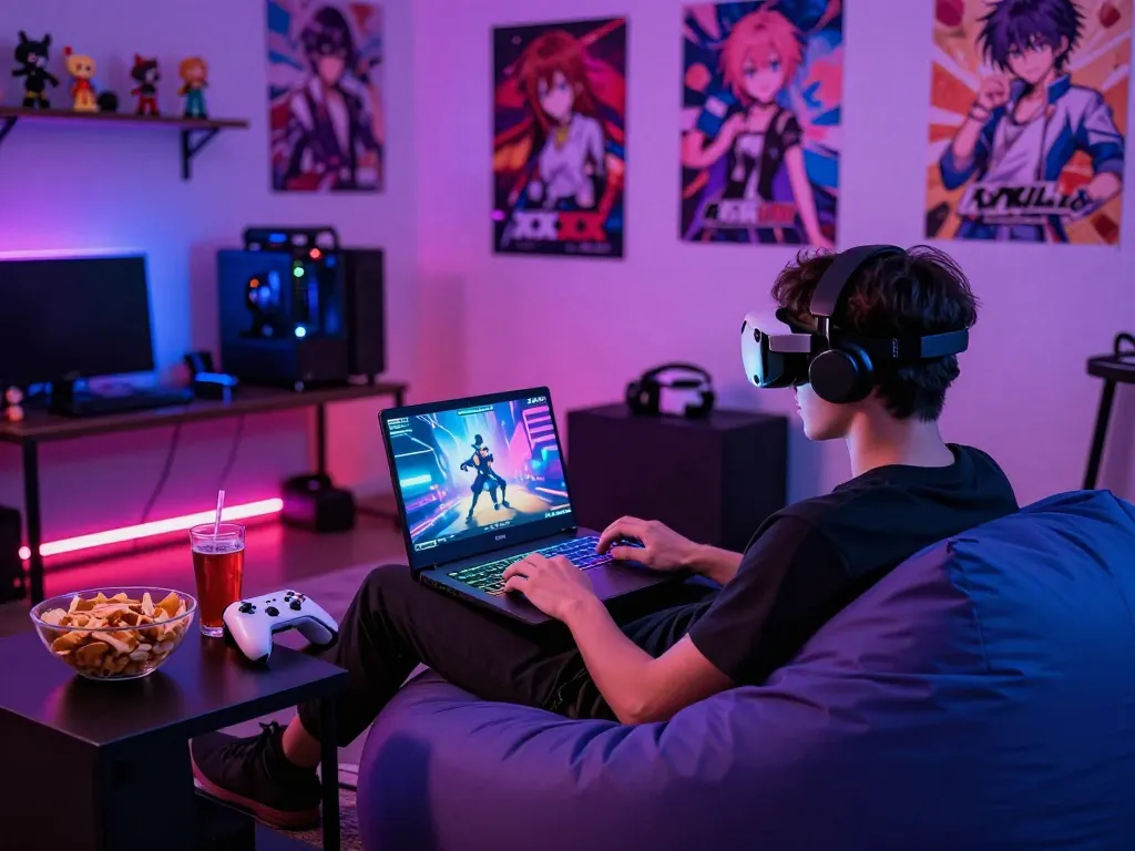 Player enjoying an immersive xxx game experience in a colorful gaming lounge with cozy bean bag and snacks.