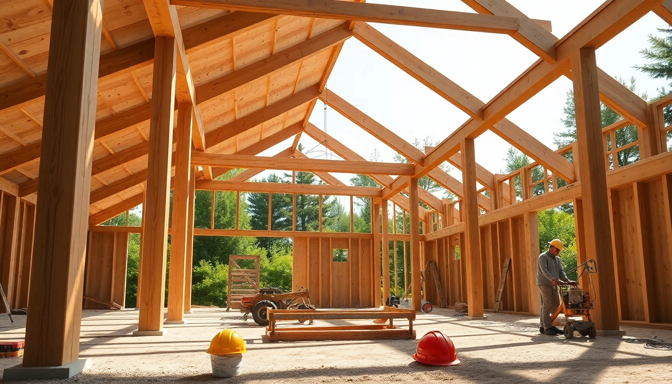 Showcasing timber frame solutions in a bright construction site highlighting expert craftsmanship and natural materials.