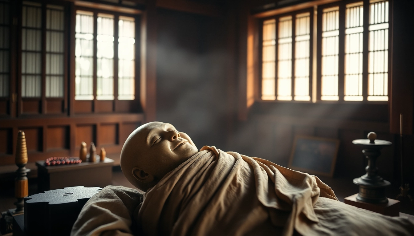 伝統的な寺院で展示された即身仏、その保存状態と霊的象徴を示す。