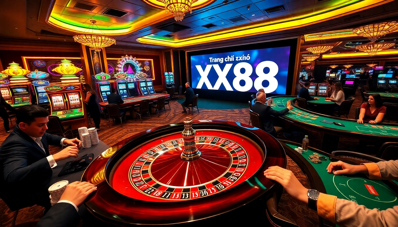 Exciting casino experience at Trang chủ XX88 with players at roulette table amid colorful slots and vibrant atmosphere.