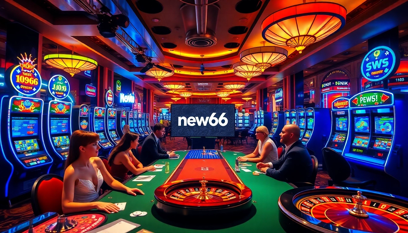 Experience vibrant gaming excitement at new66 with luxurious casino tables and slot machines.