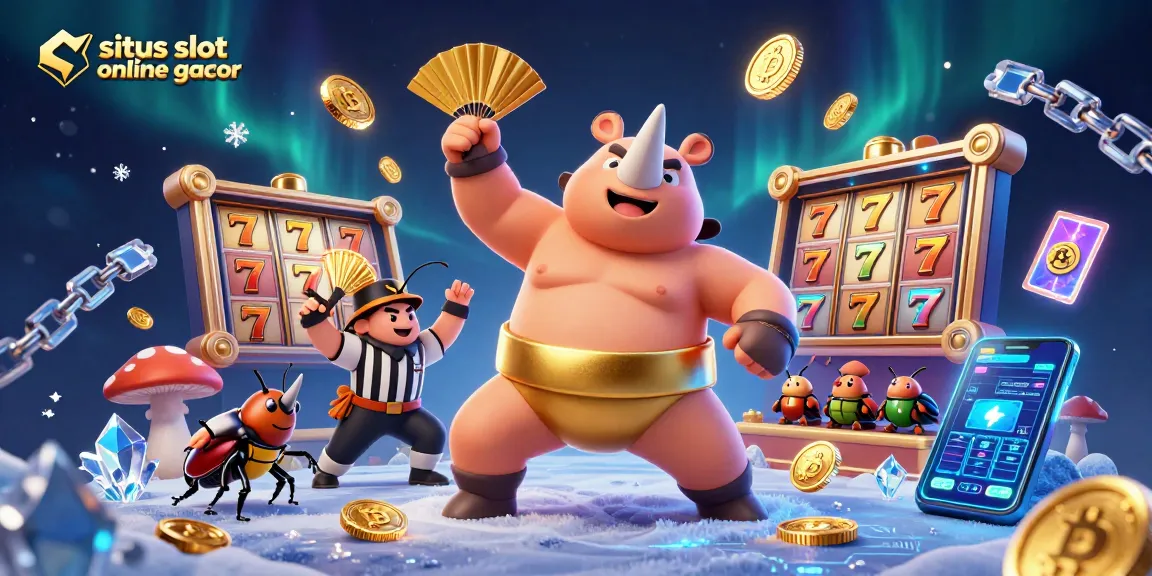 Gambaran situs slot online gacor dengan karakter jari kawat dan uang emas terbang di sekitar, dalam suasana yang dinamis.