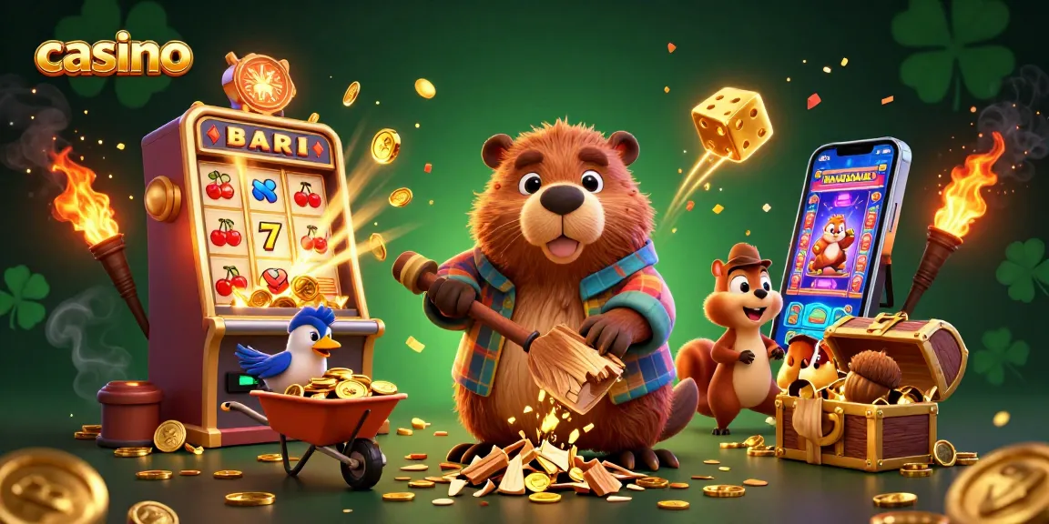 Experience thrilling casino action with a beaver collecting coins alongside a slot machine explosion.
