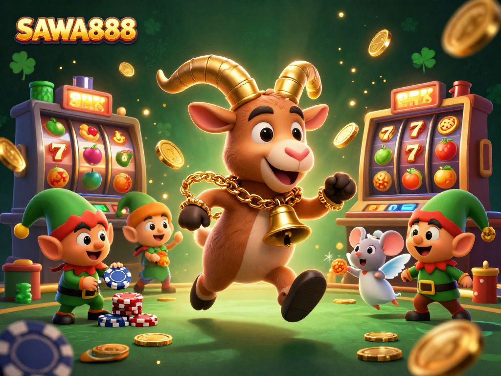 Engage in thrilling gaming with SAWA888 as the festive Krampus goat oversees a lively casino scene.