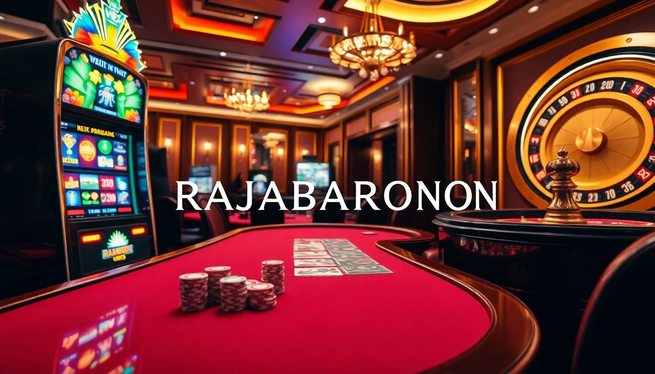 RAJABARONG slot machine lights shining as players enjoy high-stakes gambling in a vibrant casino.