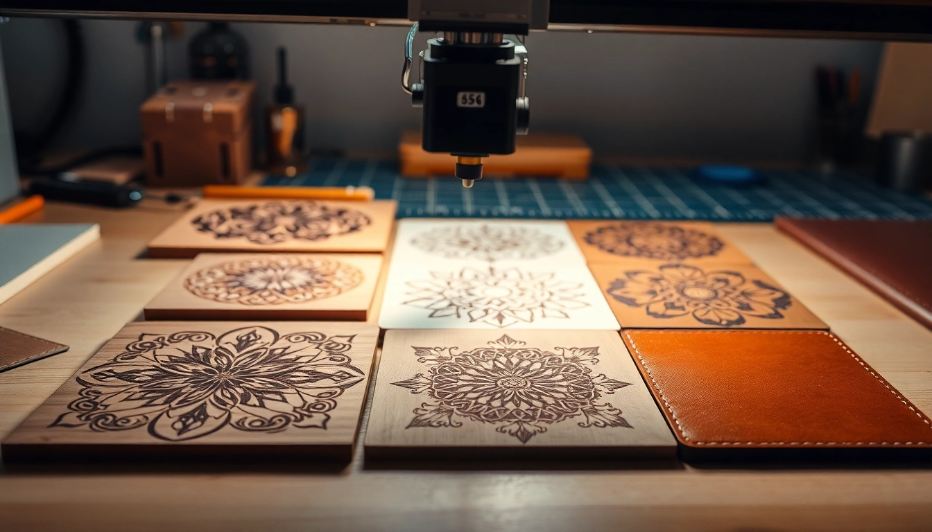 Showcasing laser engraving designs on various materials, highlighting intricate details and craftsmanship.
