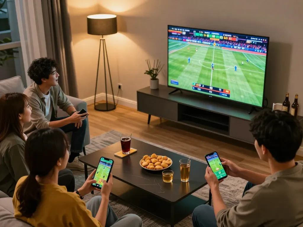 Excited individual placing bets on sunwin app while watching live sports in a cozy home setting.