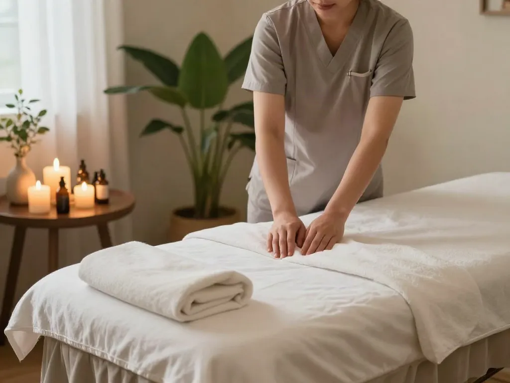 Relaxing spa environment setup for 안양출장마사지, featuring massage table and aromatic oils.
