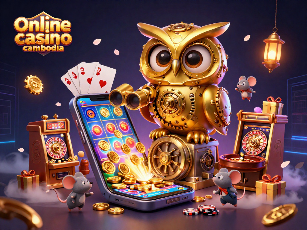Engage with thrilling Online casino Cambodia action with a clockwork owl, slot games, and vibrant casino elements.