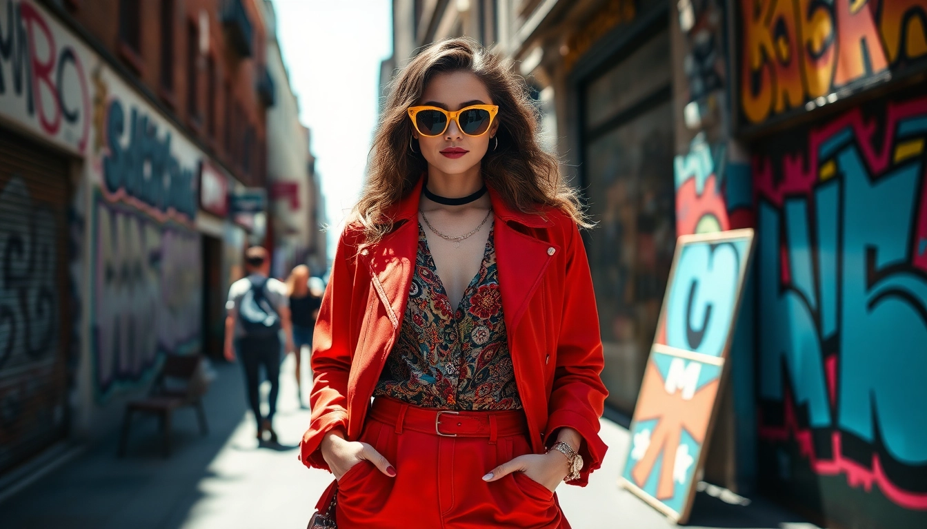 Fashion model showcasing stylish outfits in a vibrant urban setting.