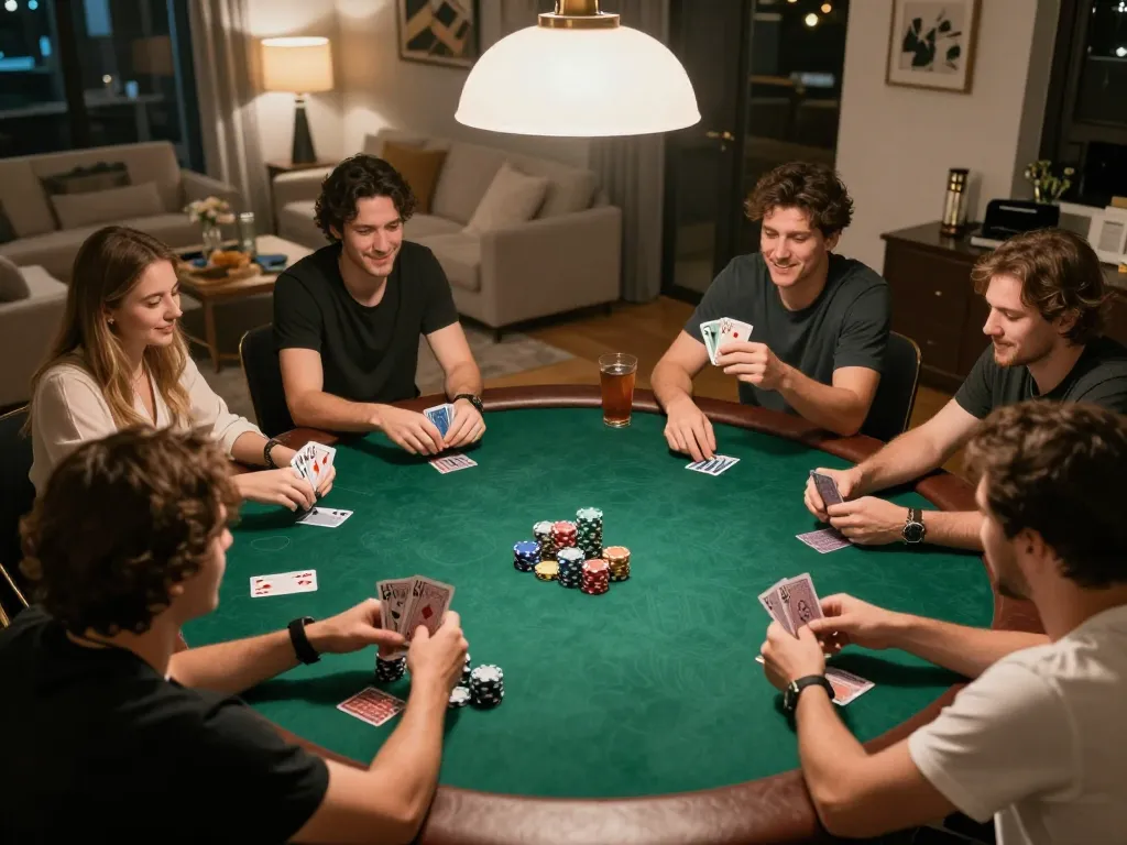 Players enjoying a thrilling poker game at home, showcasing an exciting moment in xx88 gambling experience