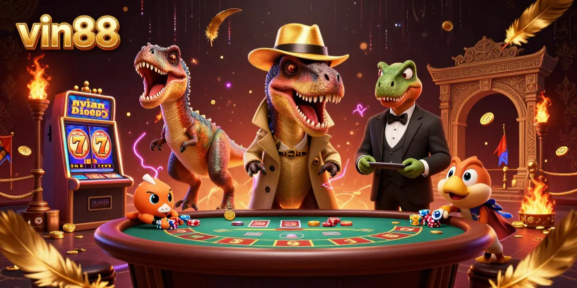 vin88 offers thrilling blackjack action with a clever velociraptor card counter in a vibrant casino setting.