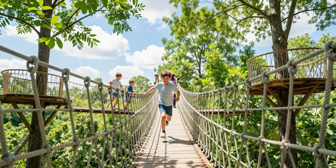 Rope Bridge design showcasing a joyful family crossing a sturdy tree bridge amidst green foliage.