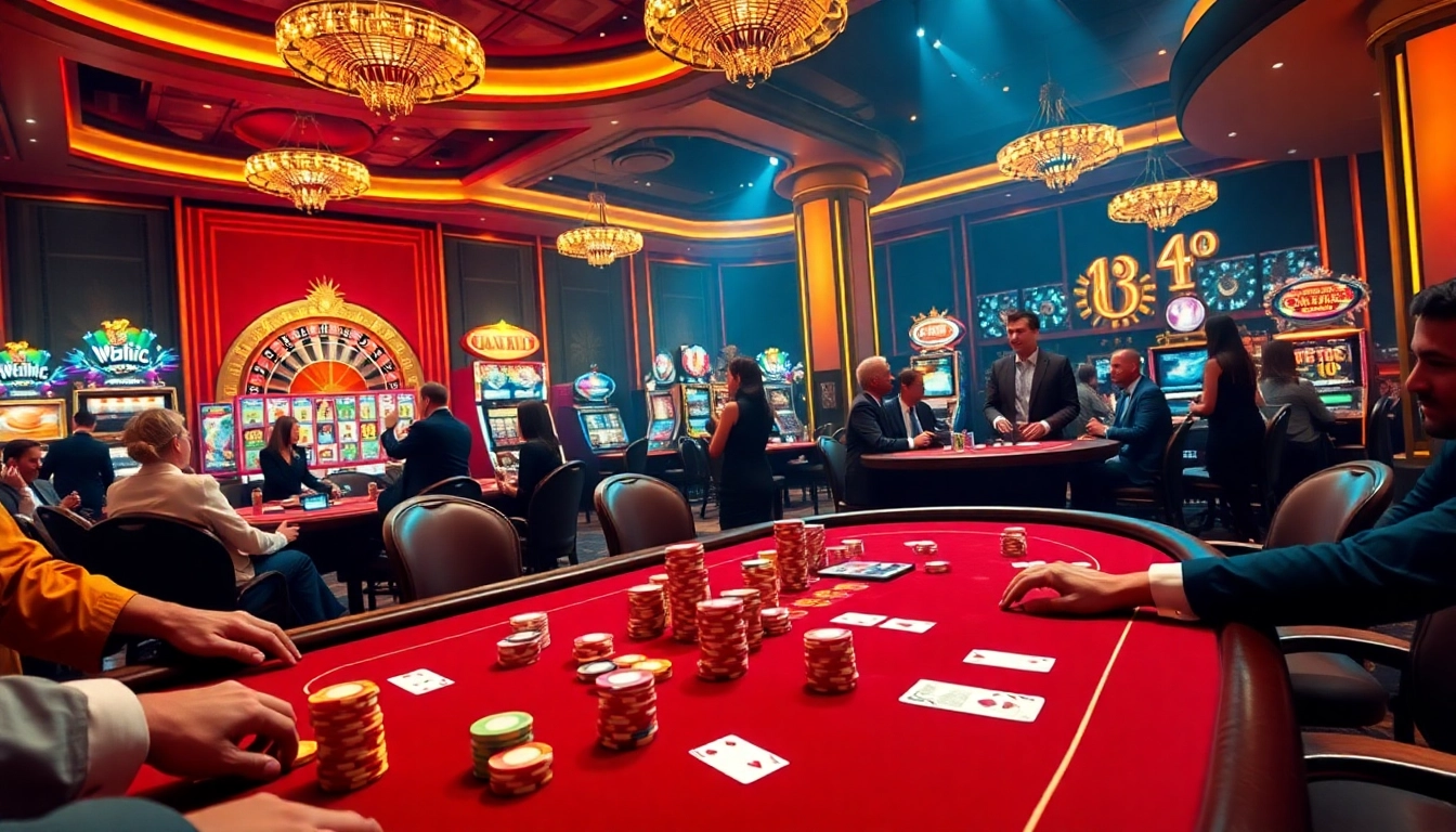 Engaged gamblers playing poker at luck8's vibrant casino tables, showcasing excitement and chance.