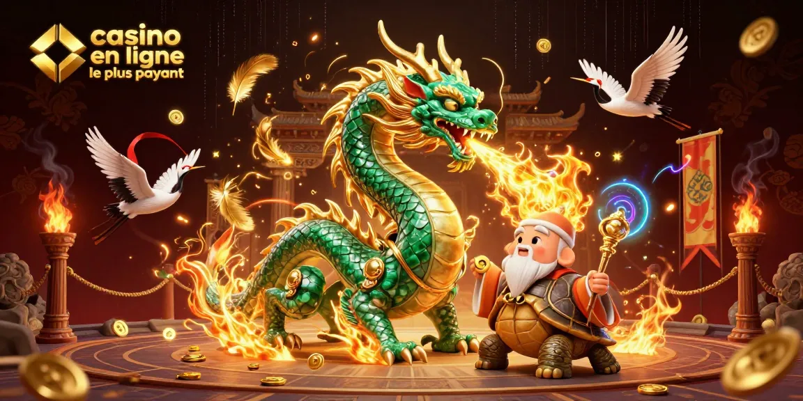 Un dragon en jade souffle des flammes d'or au milieu d'un casino animé, représentant le casino en ligne le plus payant.
