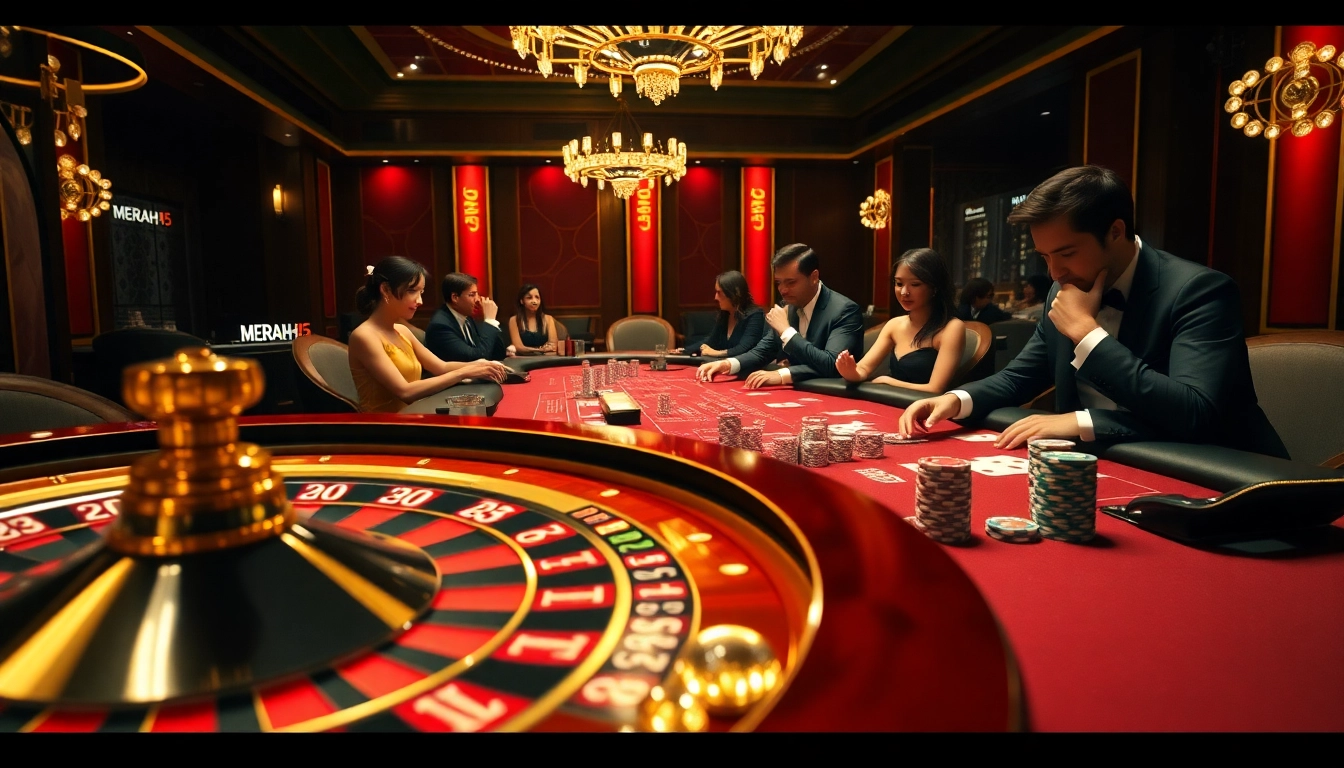 MERAH45 gamblers analyze strategies at a vibrant poker table in a luxurious casino.