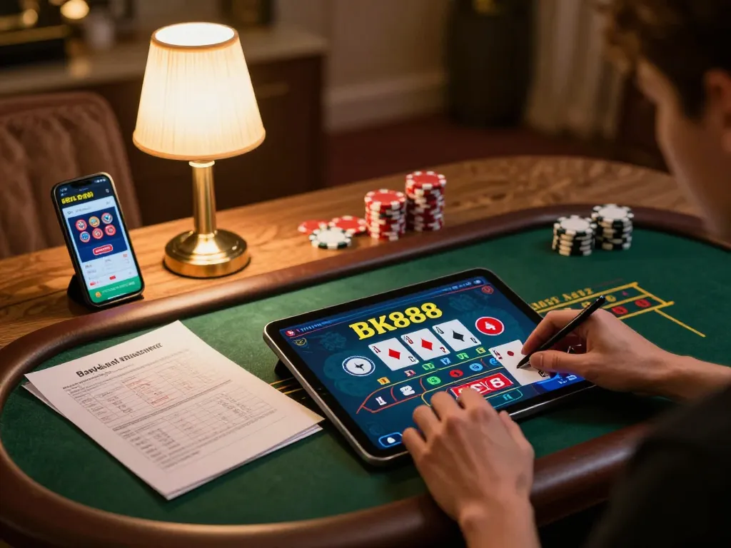Baccarat gameplay on BK888 app from cozy home setup, emphasizing strategic betting.