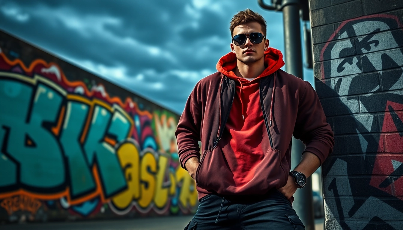 Showcase of modernstreet fashion with a model against urban graffiti backdrop.