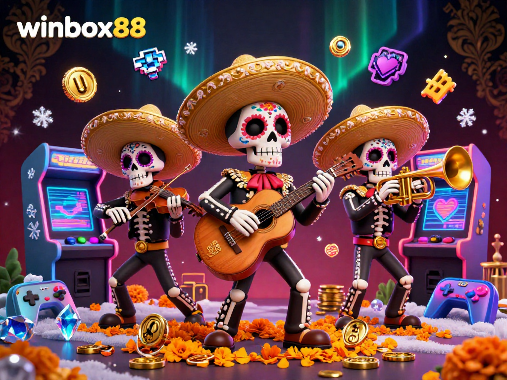 Winbox88 features a vibrant 3D illustration depicting a lively mariachi band amidst arcade elements, symbolizing excitement in gaming.