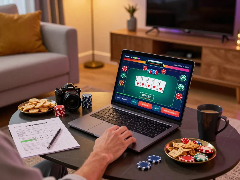 Person playing poker on kp88 online casino laptop, surrounded by strategy notes and a warm, inviting space.