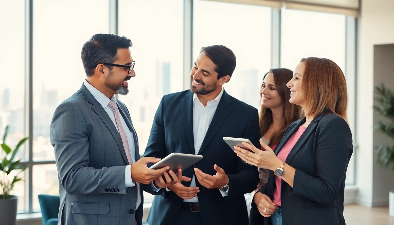 Engaging real estate agent assisting clients with property options in an inviting office.