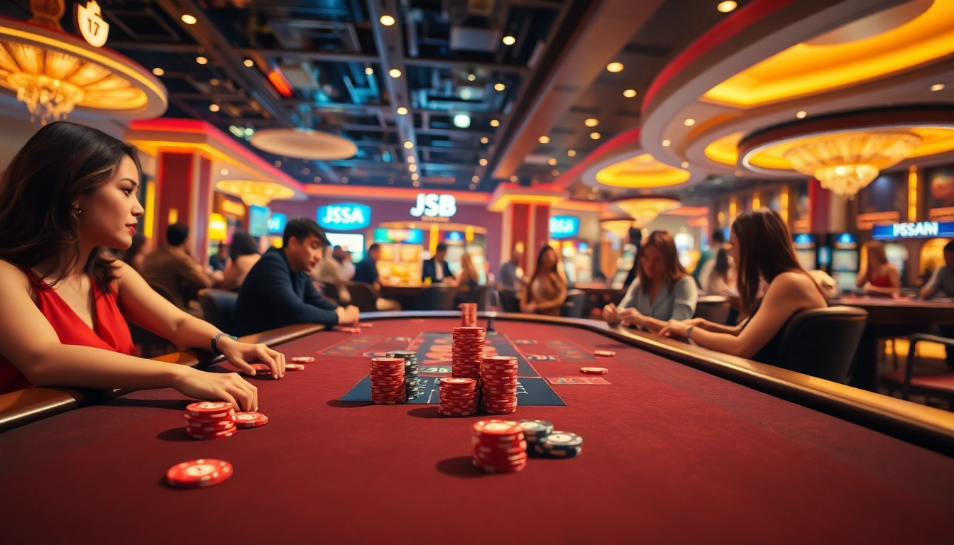 Experience the thrill of JSB BetGames with an engaging casino atmosphere featuring players and vibrant colors.